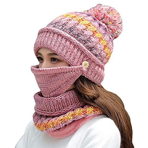 

women girls knitted hat scarf mask set winter fleece lined beanie knit ear flaps hat with pompom (pink)