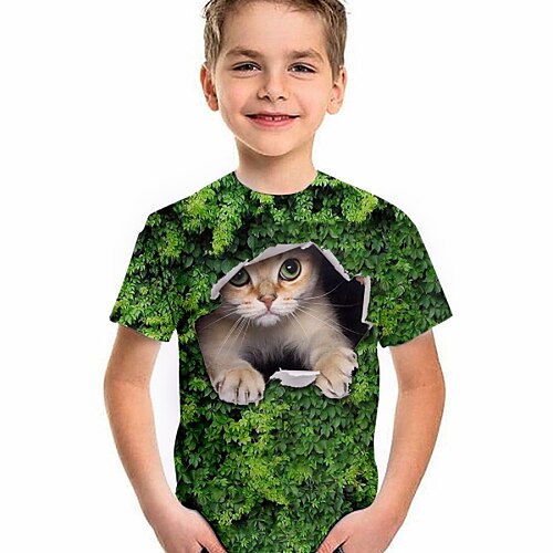 

Børn Drenge T-shirt Kortærmet Grøn Kat 3D-udskrivning Kat Dyr Trykt mønster Dagligdagstøj Aktiv Sød Stil 4-12 år / Sommer