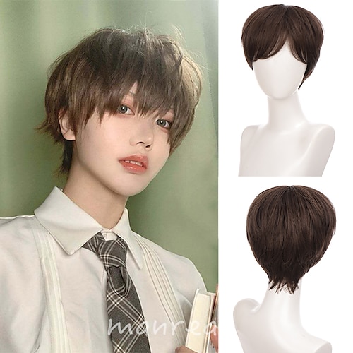 

Brown Wigs for Men Synthetic Wig Natural Straight Bob Asymmetrical Wig 14 Inch A10 A11 A1 A2 A3 Synthetic Hair Cosplay Party Fashion Brown