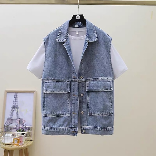 

Women's Vest Denim Jacket Denim Vest Regular Classic Coat Casual Causal Fall Notch lapel collar S M L XL 2XL / Solid Color