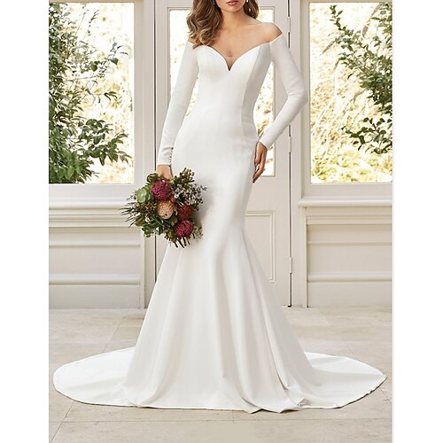 

Mermaid / Trumpet Wedding Dresses V Neck Court Train Italy Satin Long Sleeve Simple with 2022