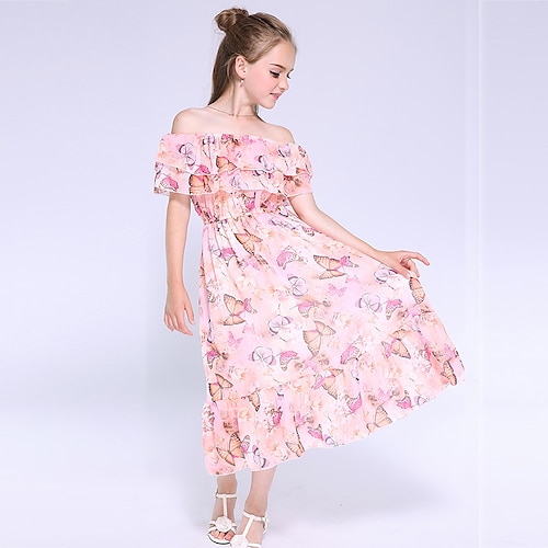 

Kids Girls' Dress Floral Maxi Dress Holiday Print Chiffon Sleeveless Cute Dress Summer Pink