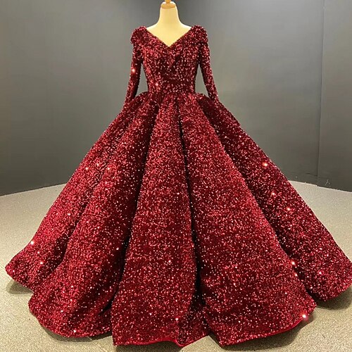 

Ball Gown Prom Dresses Luxurious Dress Quinceanera Floor Length Long Sleeve V Neck Sequined with Pleats Sequin 2022 / Sparkle & Shine