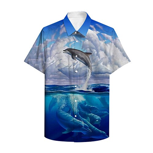 男性用 シャツ 3Dプリント グラフィック 観賞魚用 動物 折襟 日常 祝日 ボタンダウン プリント 半袖 トップの カジュアル デザイナー 大きくて背が高い ブルー / 夏