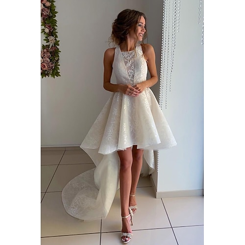 

A-Line Wedding Dresses Jewel Neck Asymmetrical Knee Length Lace Organza Sleeveless Country Romantic Cute with Pleats Appliques 2022
