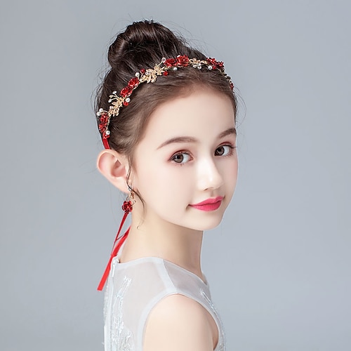 

Kids Baby Girls' Hair Take The Lead In Flower Children's Princess Hair Accessories Earrings Set Hanfu Headdress Ancient Style Birthday Dance Performance Red