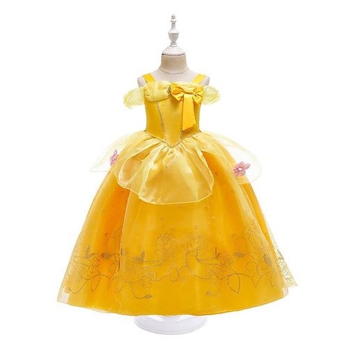 

Robe Enfants Fille Fleur Mi-long Robe Noeud Sans Manches Robe 3-10 ans Eté Jaune