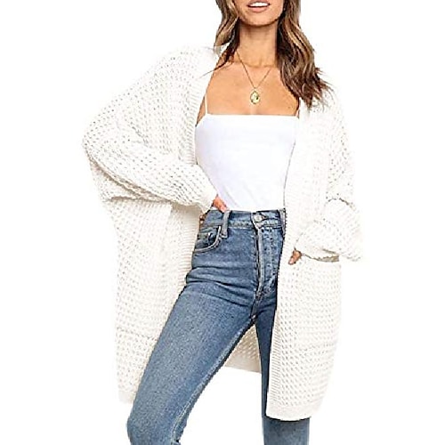 

women's solid color casual knit sweater coat slouchy long sleeves open front cardigan outerwear with pockets white