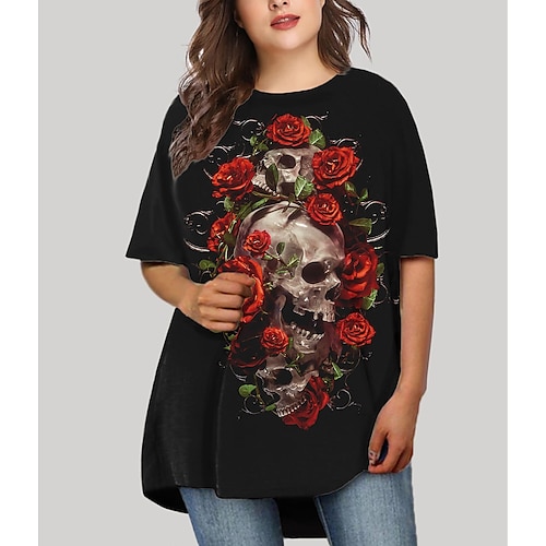 

Women's Plus Size T Shirt Dress Tee Dress Floral Crew Neck Print Half Sleeve Fall Spring Basic Valentine's Day Short Mini Dress Causal Daily Dress / Graphic / Skull