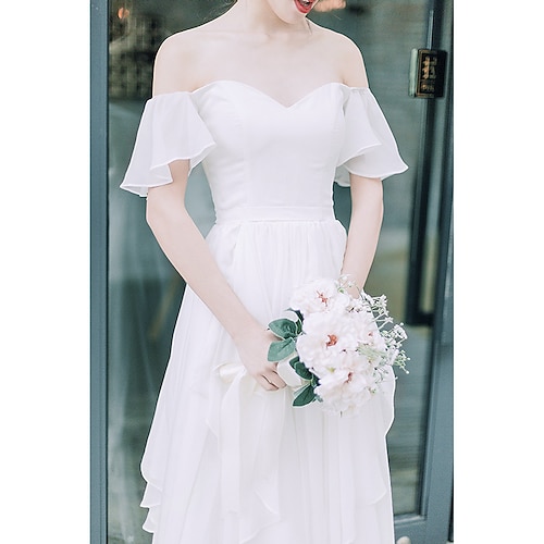 

light wedding dress 2021 new wedding dress one word collar wrapped chest chiffon mopping outdoor forest fairy travel light wedding dress