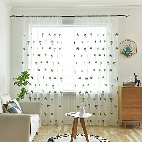 

Two Panel Pastoral Style Coconut Tree Embroidered Window Screen Living Room Bedroom Dining Room Children's Room Study Semi-Transparent Screen Curtain