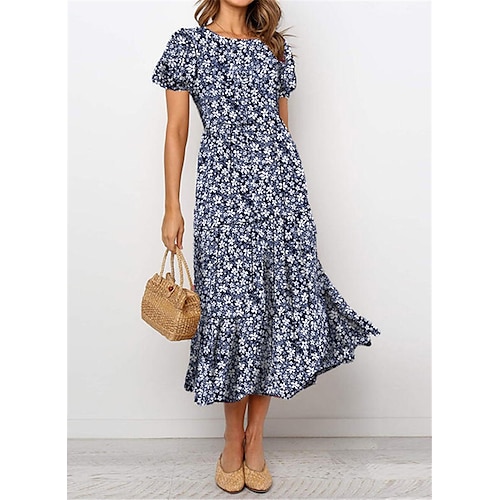 

Women's Casual Dress Swing Dress Midi Dress Navy Blue Short Sleeve Floral Print Spring Summer Crew Neck S M L XL