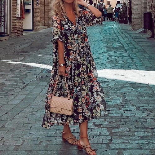 

Women's Swing Dress Midi Dress Half Sleeve Floral Print Print Fall Summer V Neck Casual Vacation Boho Loose 2022 S M L XL XXL