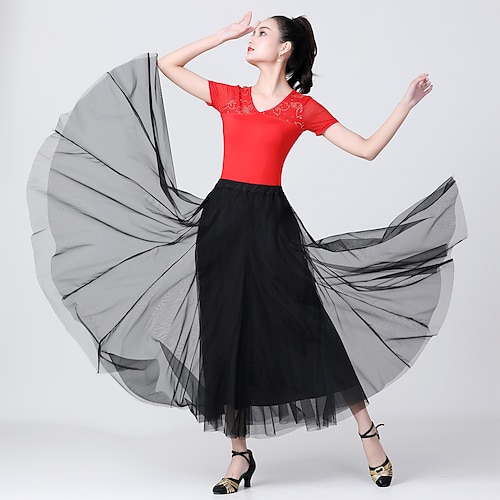 

Ballroom Dance Activewear Skirts Pleats Solid Splicing Women's Training Performance Sleeveless High Tulle Polyester