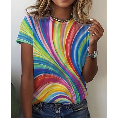 

Women's T shirt Tee Rainbow Color Block Print Short Sleeve Daily Weekend Basic Round Neck Regular Abstract Geometric Painting S / 3D Print