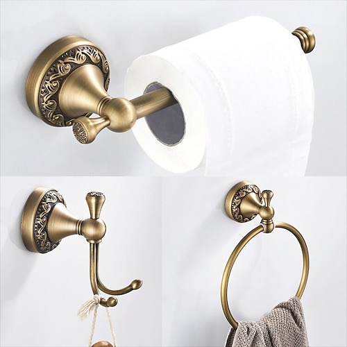 

Bathroom Accessory Towel Ring/Toilet Paper Holder/Robe Hook Antique Brass Bathroom Single Rod Wall Mounted Carved Design