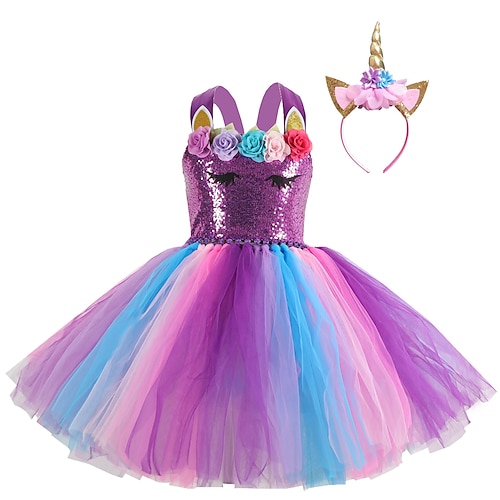 

Bambino Da ragazza Vestito Floreale Abito in tulle Sopra il ginocchio Vestito Con lustrini Tulle Senza maniche Da principessa Vestito Autunno Viola