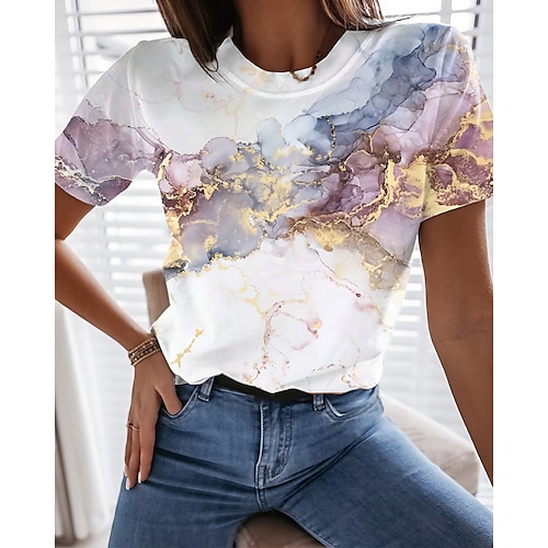 

Women's Daily Weekend Abstract Geometric Painting T shirt Tee Sparkly Graffiti Glittery Short Sleeve Print Round Neck Basic Tops White S / 3D Print