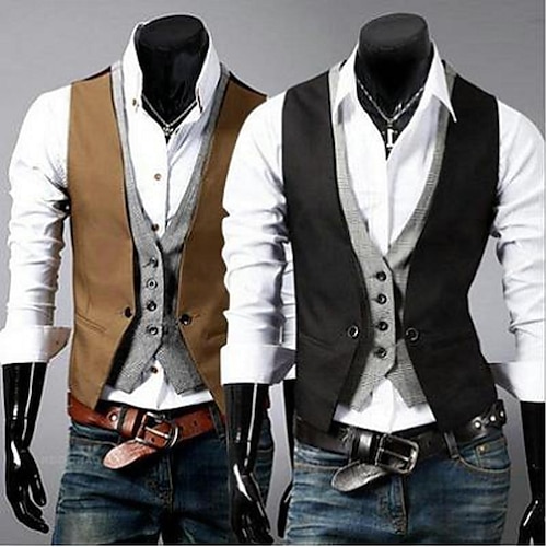 

Men's Suit Vest Gilet Formal Wedding Work 1920s Smart Casual Jacket Outerwear Solid Colored Black Brown