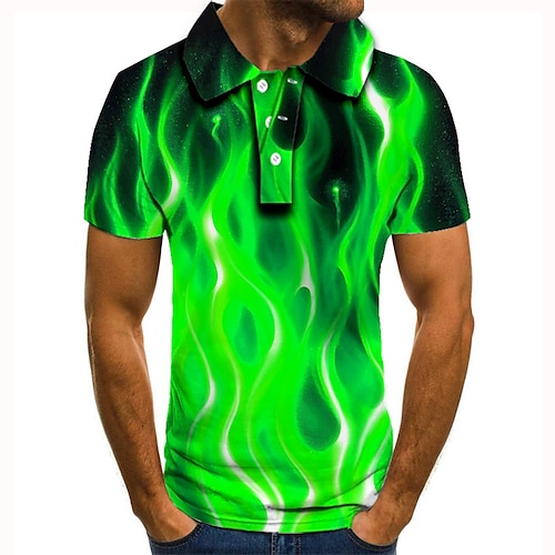 

Men's Collar Polo Shirt Golf Shirt Tennis Shirt Graphic Prints Flame Collar Green Blue Pink Yellow 3D Print Street Casual Short Sleeve Button-Down Clothing Apparel Fashion Cool Casual / Sports