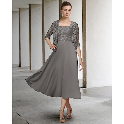 

Two Piece A-Line Mother of the Bride Dress Elegant Scoop Neck Floor Length Chiffon Lace Half Sleeve with Pleats Appliques 2022