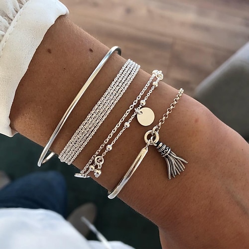 

simple silver glossy tassel bangle bracelet multilayer chain disc 4-piece bracelet