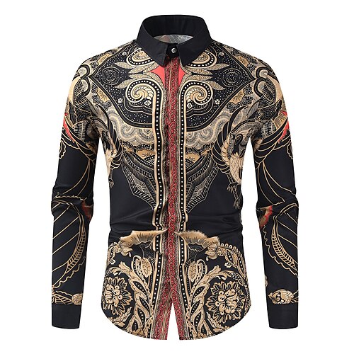 

Men's Shirt Geometric Totem Classic Collar Party Casual Print Long Sleeve Tops Ethnic Style Casual Black