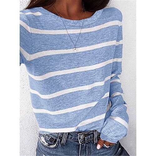 

Women's T shirt Tee Blue Gray Striped Long Sleeve Daily Basic Round Neck Regular S