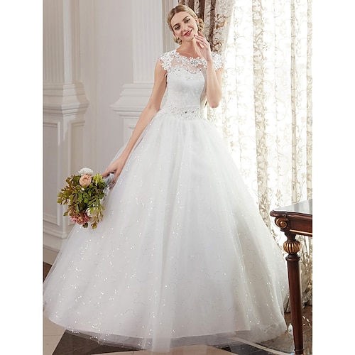 

Ball Gown Wedding Dresses Jewel Neck Floor Length Lace Over Tulle Cap Sleeve Romantic Illusion Detail with Beading Appliques 2022