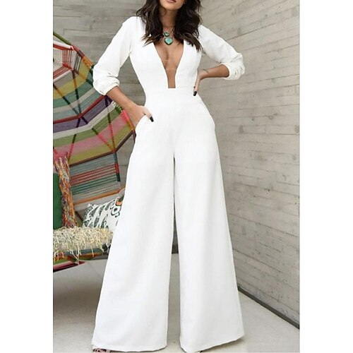 

Jumpsuits Wedding Dresses V Neck Floor Length Stretch Fabric 3/4 Length Sleeve Simple Sexy with 2022