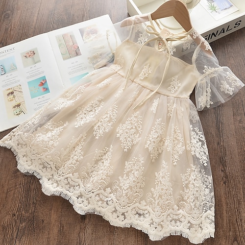 

Kids Girls' Dress Floral Dress School Lace Short Sleeve Cute Dress 1-5 Years Spring White