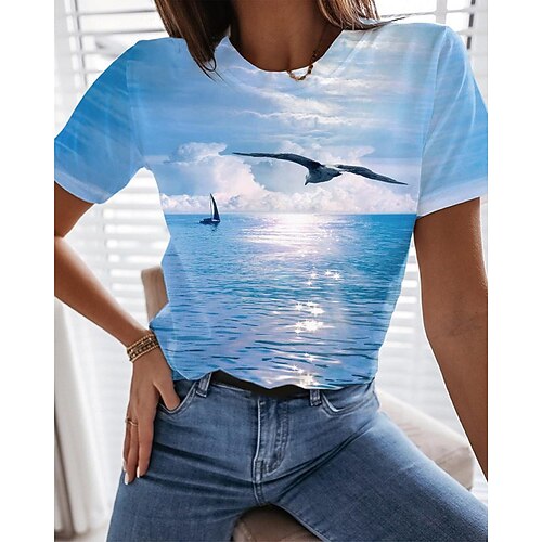 

Women's T shirt Tee Light Blue Graphic Bird Print Short Sleeve Holiday Weekend Basic Beach Round Neck Regular 3D Printed Painting S