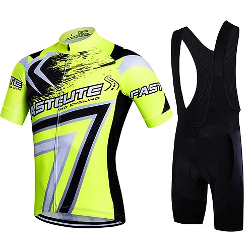 

Fastcute Men's Unisex Cycling Jersey with Bib Shorts Short Sleeve Mountain Bike MTB Road Bike Cycling Black Green Yellow Plus Size Bike Bib Shorts Jersey Bib Tights 3D Pad Breathable Quick Dry Back