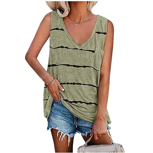 

Women's Blouse Pink Wine Khaki Striped Sleeveless Basic V Neck S