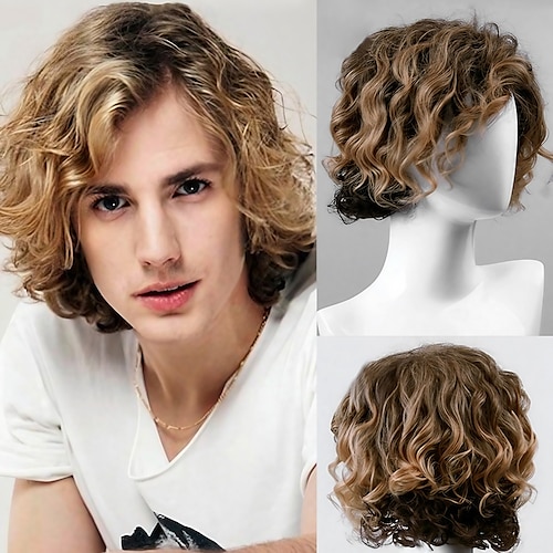 

Fashion Mens Wig Short Side Bang Colormix Wavy Synthetic Men Wig