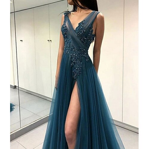 

A-Line Open Back Prom Formal Evening Dress Plunging Neck Sleeveless Floor Length Tulle with Beading Appliques Split Front 2022