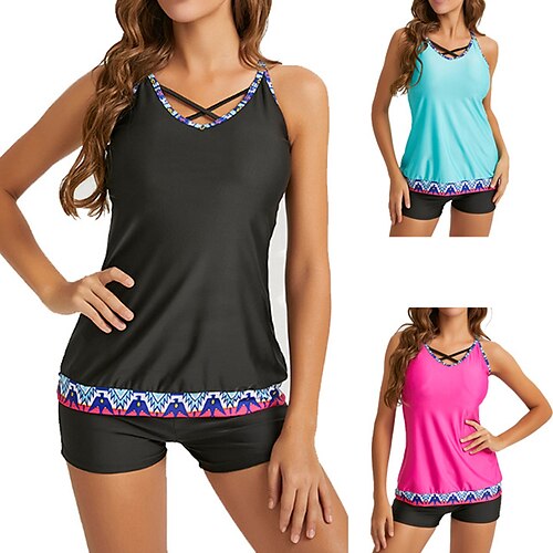 

Women's Tankini Two Piece Swimsuit Strappy Back Bathing Suit Swimwear Blue Black Ultra Light (UL) Breathable Quick Dry Sleeveless - Swimming Surfing Water Sports Summer