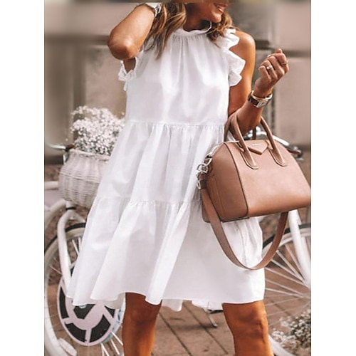 Women's White Dress Midi Dress Black White Dusty Blue Sleeveless Pure Color Ruched Summer Spring Crew Neck Elegant 2023 S M L XL XXL