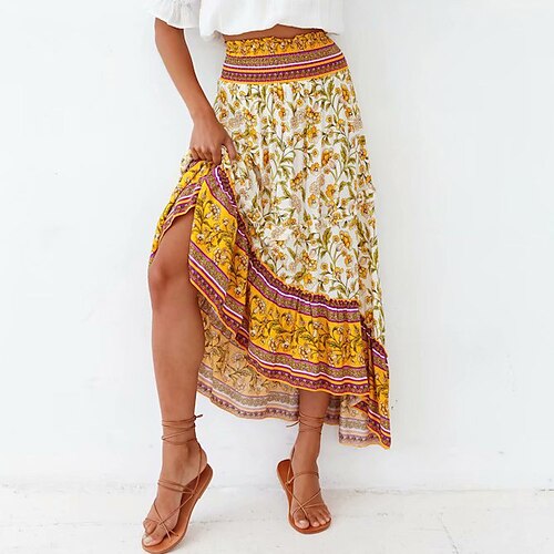 

Women's Skirt Maxi Cotton Yellow Skirts Summer Print Without Lining Vintage Boho Holiday Casual Daily S M L / Loose Fit