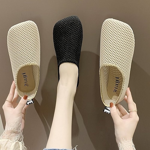 

Women's Sandals Slip-Ons Comfort Shoes Flat Heel Round Toe Mesh Loafer Solid Colored Black Beige