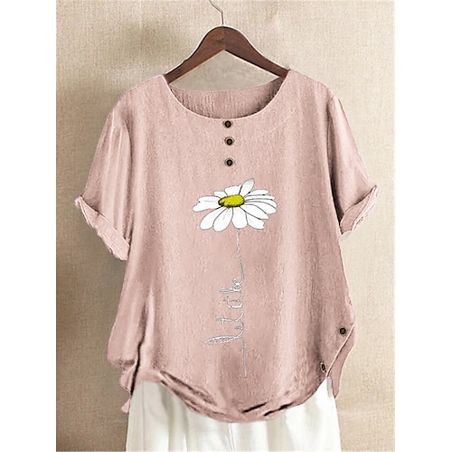 

Women's Plus Size Tops Blouse Shirt Graphic Floral Short Sleeve Round Neck Preppy Cotton Spring Summer Green Pink