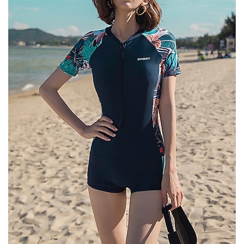 

Women's Rashguard Swimsuit UV Sun Protection Breathable Quick Dry Short Sleeve Swimwear Bathing Suit Front Zip Swimming Surfing Water Sports Floral / Botanical Summer