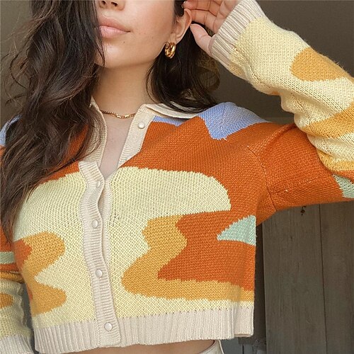 

Women's Pullover Sweater Knitted Geometric Stylish Casual Vintage Long Sleeve Sweater Cardigans V Neck Fall Winter Yellow