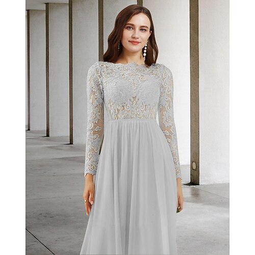 

A-Line Mother of the Bride Dress Elegant Jewel Neck Floor Length Chiffon Lace Long Sleeve with Pleats Appliques 2022