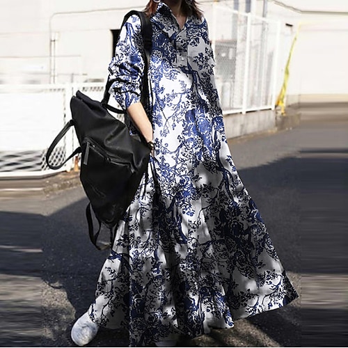 

Women's Loose Maxi long Dress Long Sleeve Print Fall Spring Shirt Collar Chic Modern Casual Loose 2022 S M L XL XXL XXXL 4XL 5XL