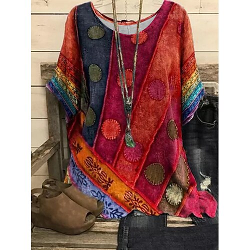 

Women's Blouse Shirt Blue Purple Graphic Abstract Print Short Sleeve Casual Daily Vintage Boho Ethnic Round Neck Regular Bohemian Theme Geometric S