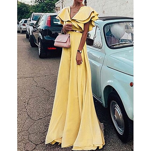 

Women's Party Dress Swing Dress Long Dress Maxi Dress Pink Yellow Light Blue Short Sleeve Pure Color Ruffle Spring Summer V Neck S M L XL XXL