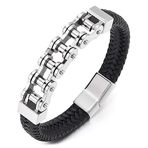 

coolsteelandbeyond mens stainless steel blue motorcycle bike chain bracelet black braided leather bangle, magnetic clasp