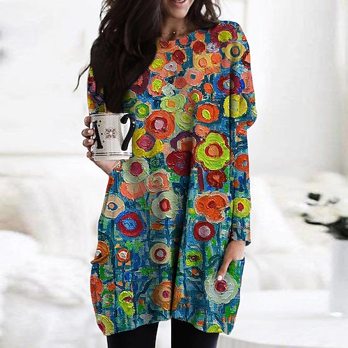 

Women's Shift Dress Green Blue Purple Long Sleeve Floral Print Fall Spring Summer Crew Neck Winter Dress Weekend Fall Dress S M L XL XXL 3XL