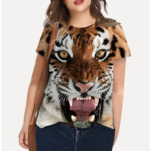 

Women's Plus Size Tops T shirt Tee Graphic Tiger Print Short Sleeve Crewneck Basic Daily Holiday Cotton Spandex Jersey Spring Summer Yellow